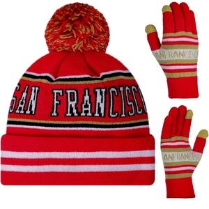 NWT San Francisco 49ers Red and Gold Knit Beanie and Gloves Set